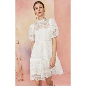 ULLA JOHNSON Simone Eyelet Puff Sleeve Scalloped Tiered Lace Dress